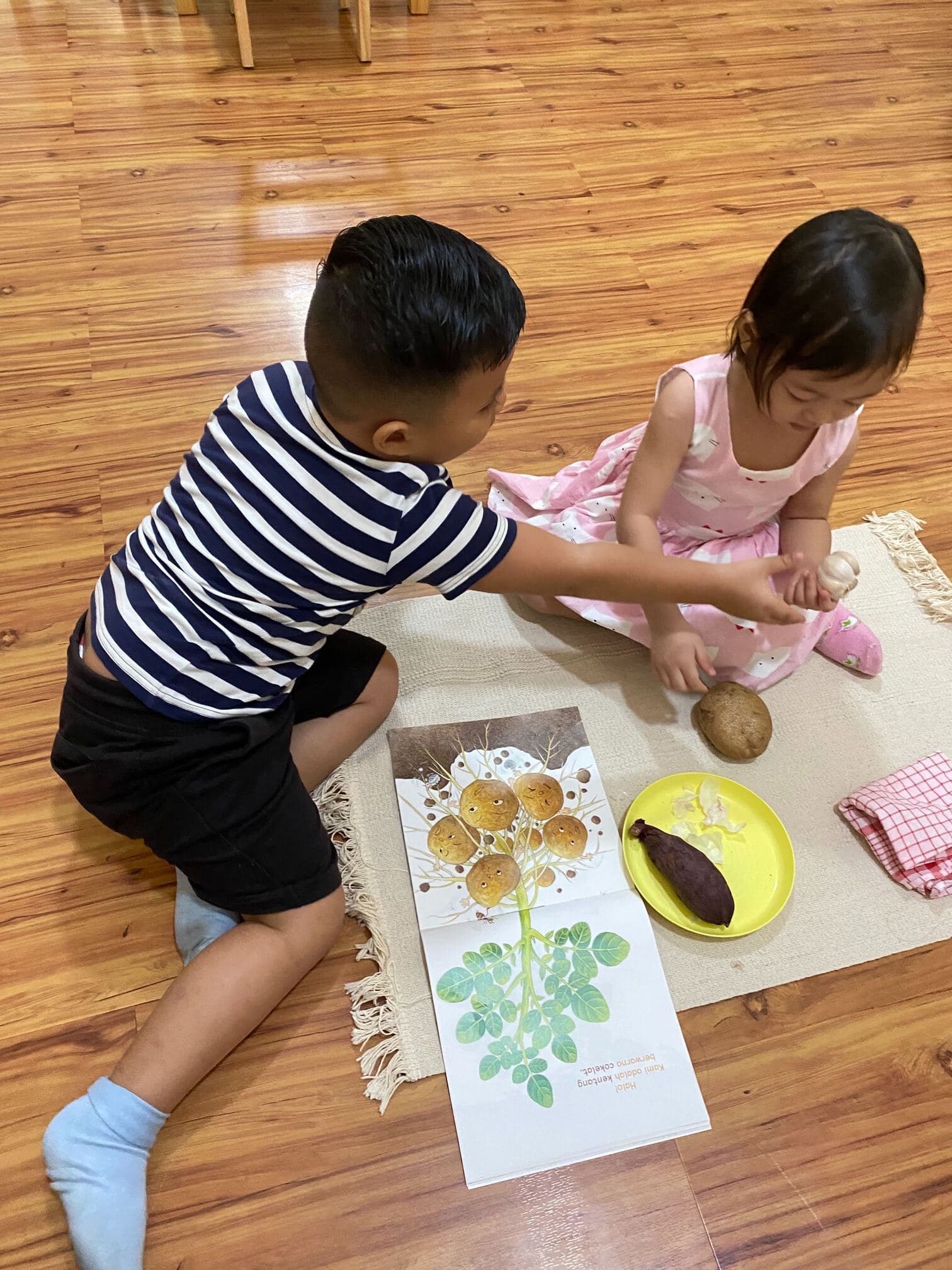 Two children exploring real vegetables alongside a botanical poster on a floor mat